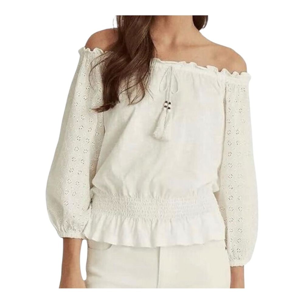 NWT Lauren Ralph Lauren Off-Shoulder Cotton White Eyelet Blouse Sz XL (Fits Lg)
